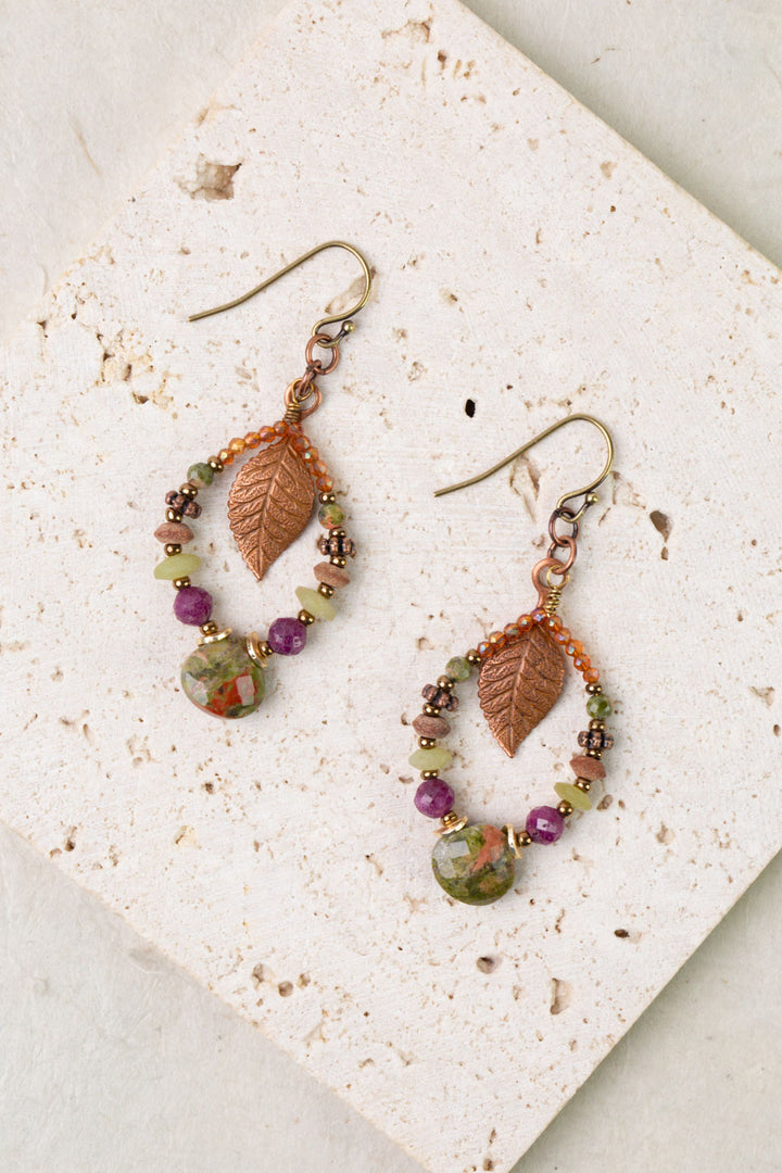 Dominion Unakite, Afghan Jade, Ruby With Antique Copper Leaf Statement Earrings