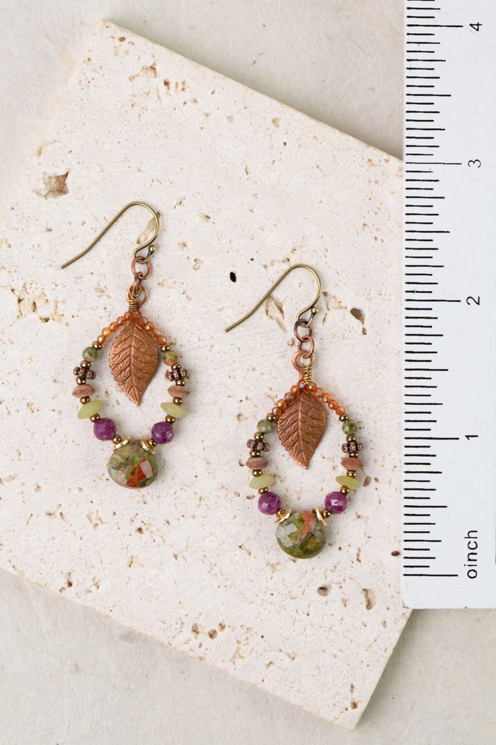Dominion Unakite, Afghan Jade, Ruby With Antique Copper Leaf Statement Earrings