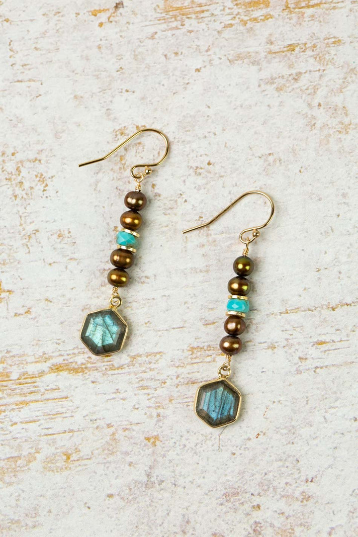 Desert Sunset Turquoise, Freshwater Pearl With Labradorite Dangle Earrings
