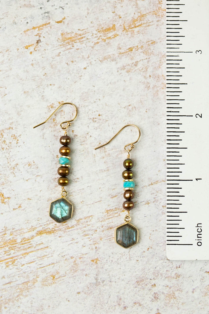 Desert Sunset Turquoise, Freshwater Pearl With Labradorite Dangle Earrings