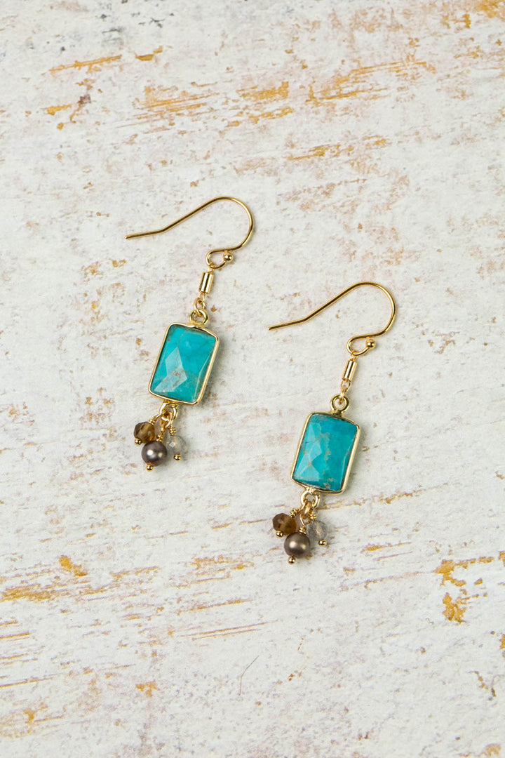 Desert Sunset Freshwater Pearl, Smokey Quartz, Labradorite With Turquoise Dangle Earrings