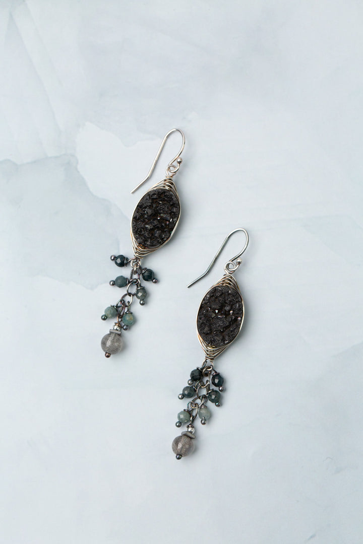 Eclipse Faceted Tourmaline, Labradorite, Hematite With Black Druzy Quartz Herringbone Earrings