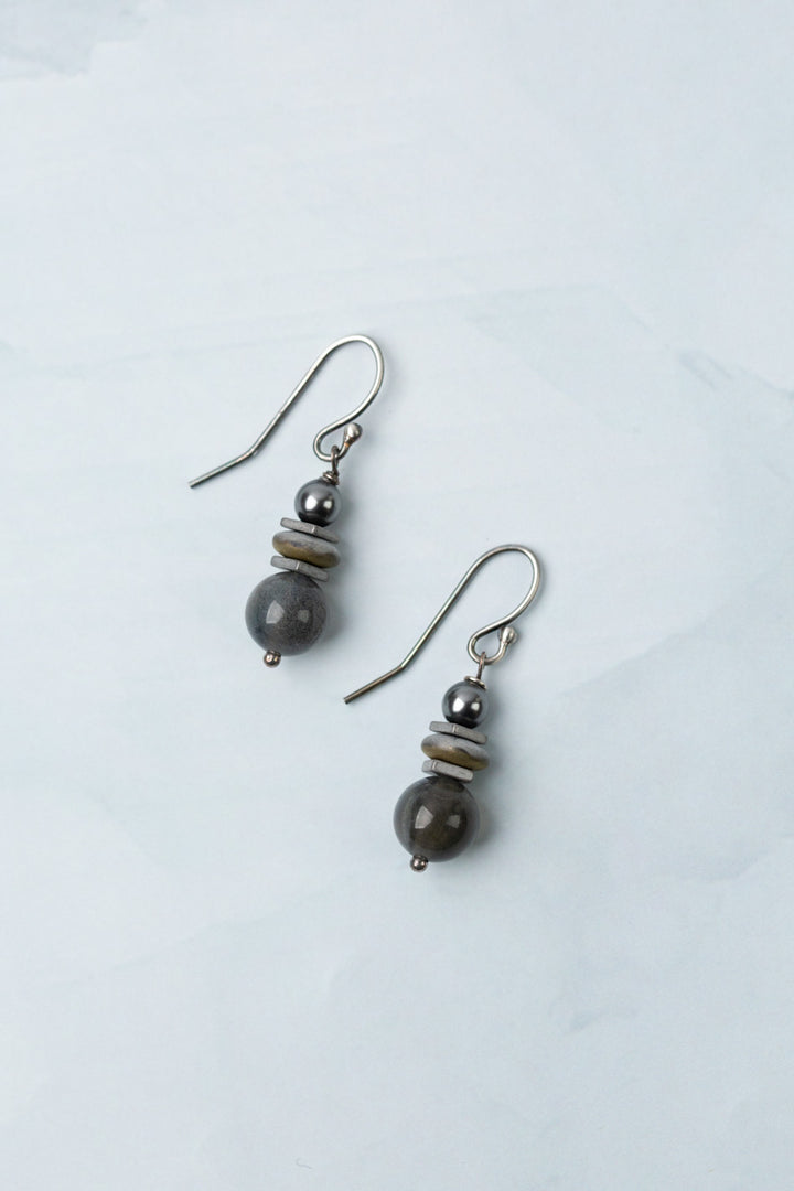 Eclipse Hematite, Crystal, Pearl With Spectrolite Labradorite Simple Earrings