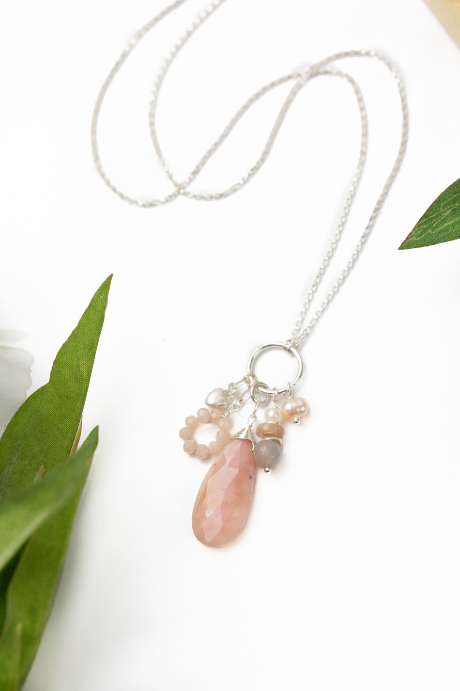 Embrace 17-19" Peach Moonstone, Sunstone, Freshwater Pearl With Pink Opal Cluster Necklace