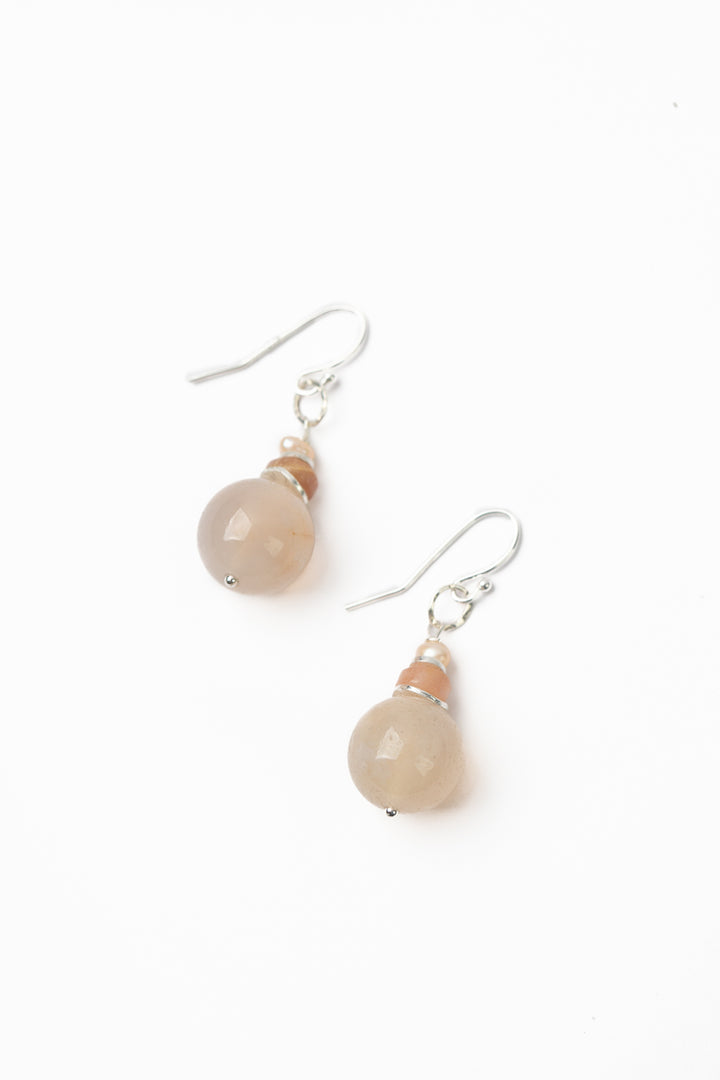 Embrace Sunstone, Freshwater Pearl With Cherry Blossom Agate Simple Earrings