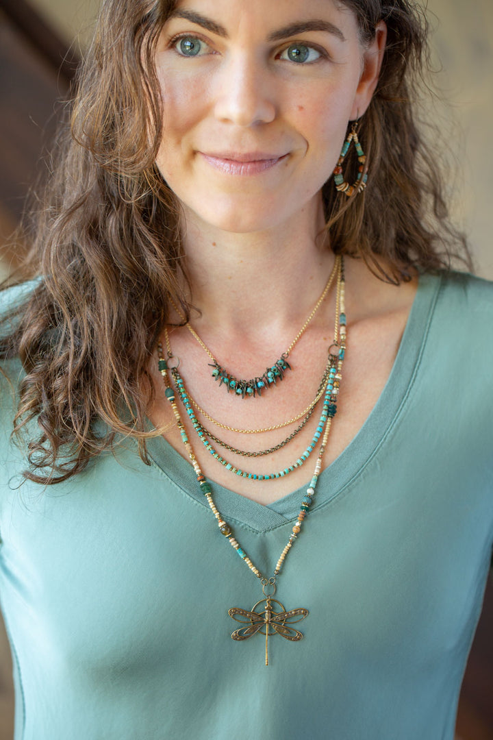 Enlighten 16-18" Antique Brass Leaves, Turquoise Chips Simple Necklace