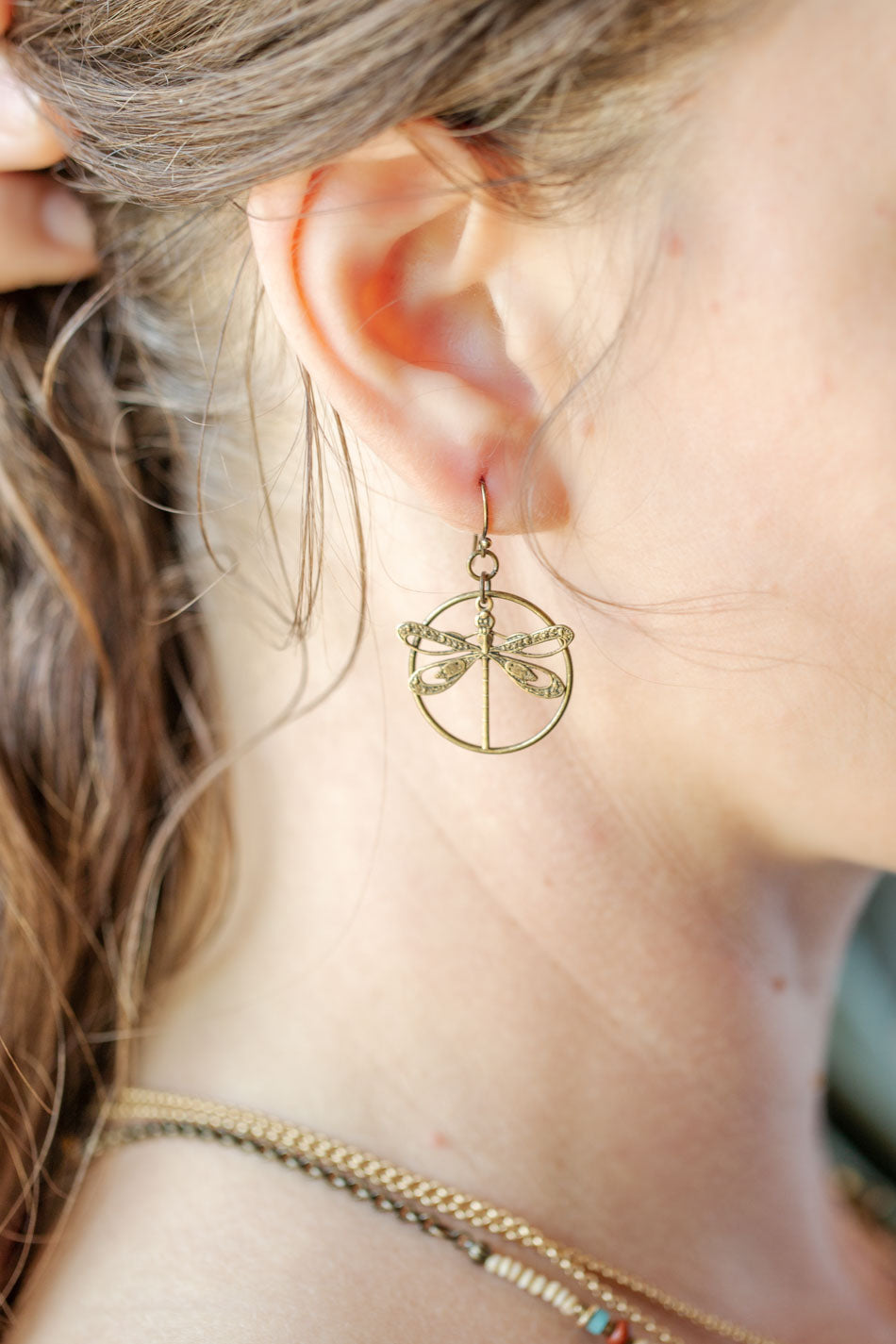 Enlighten Antique Brass Filigree Dragonfly Simple Earrings