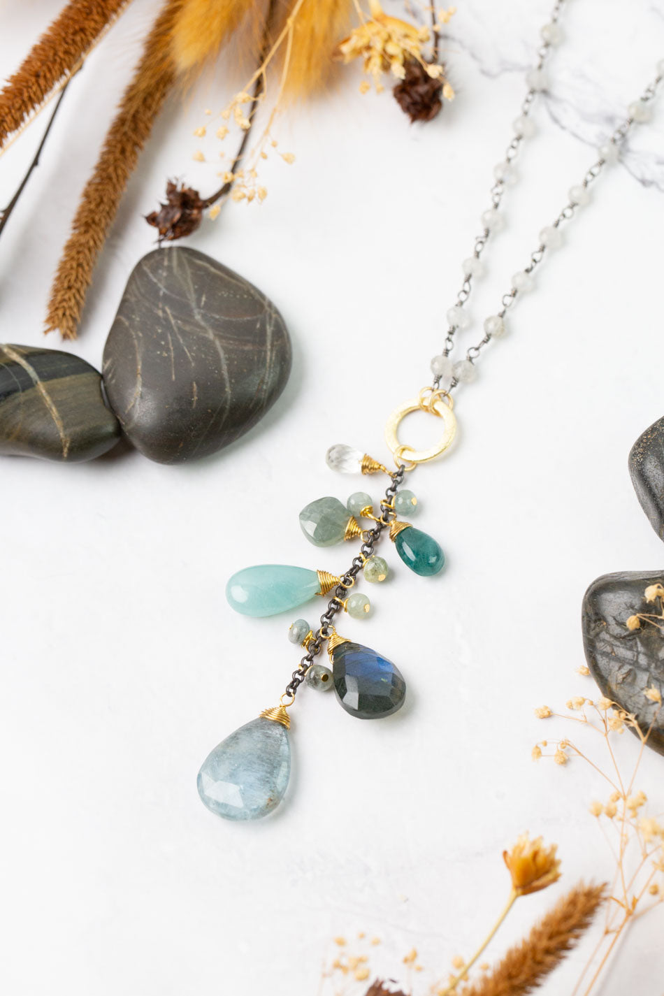 Equinox 21-23" Aquamarine, Labradorite, Grandidierite with Blue Tourmaline Tassel Necklace