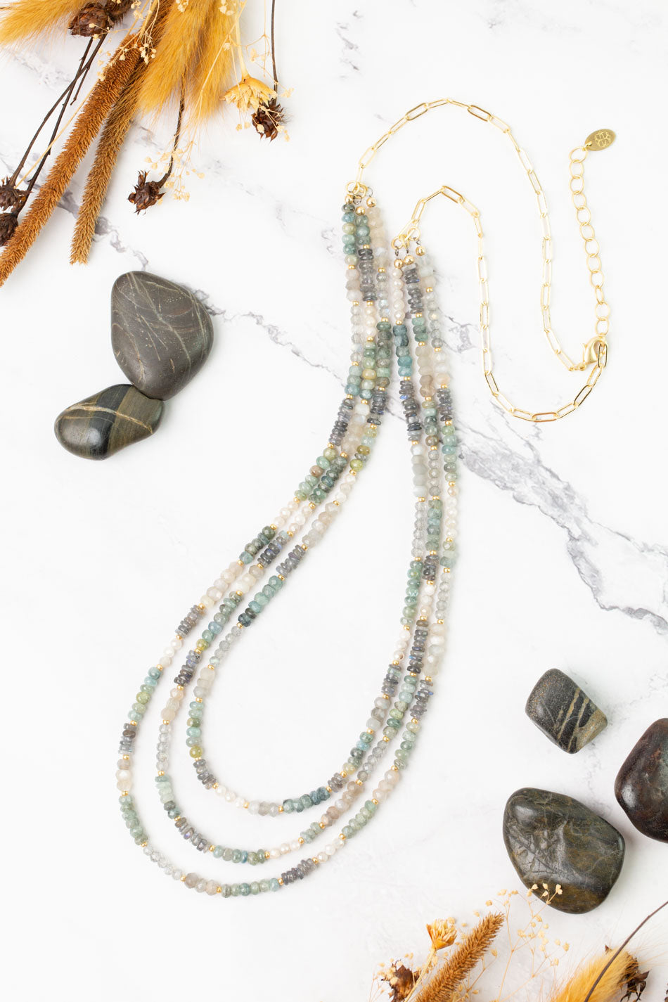 Equinox 28-30" Aquamarine, Labradorite, Moonstone Collage Necklace