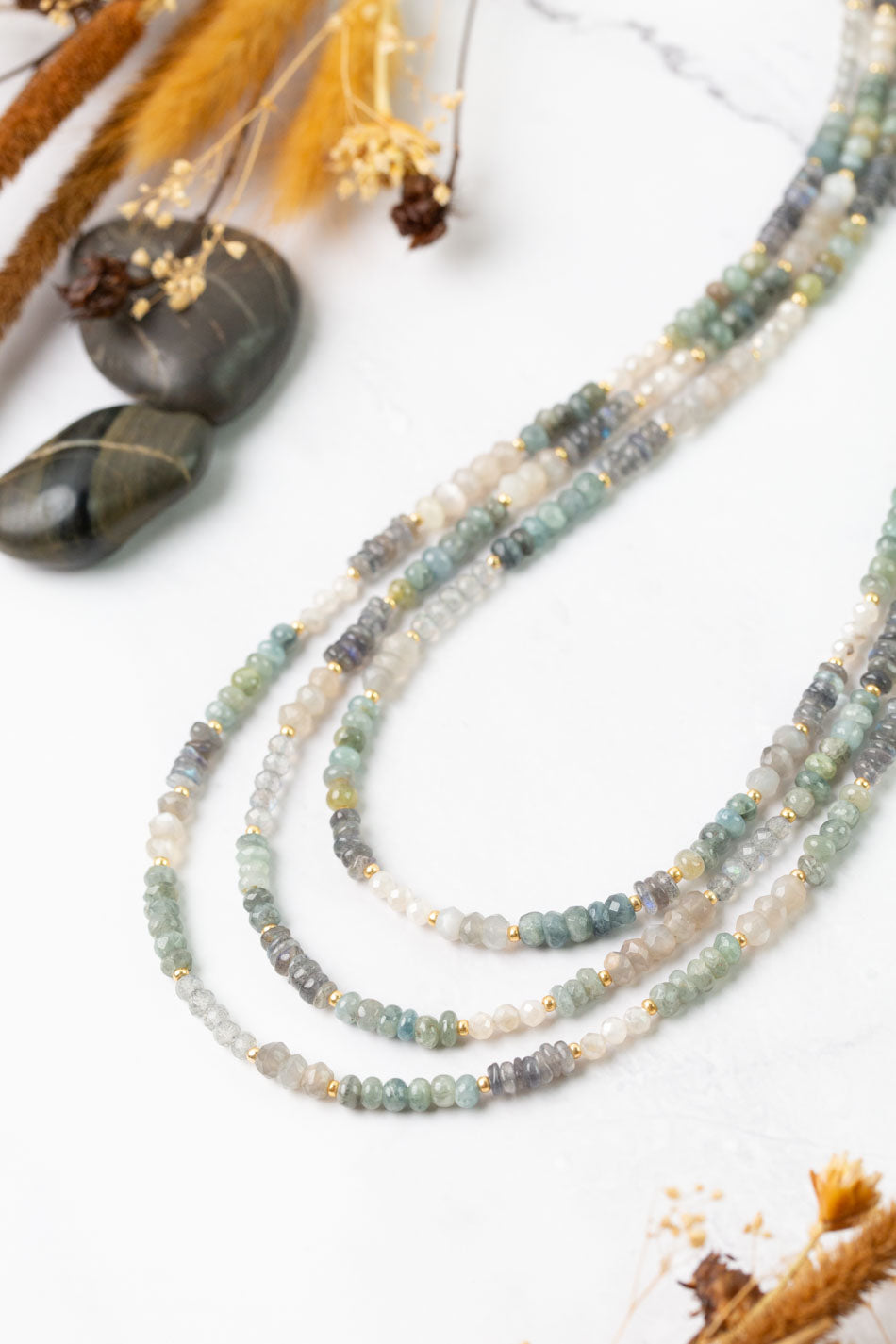 Equinox 28-30" Aquamarine, Labradorite, Moonstone Collage Necklace