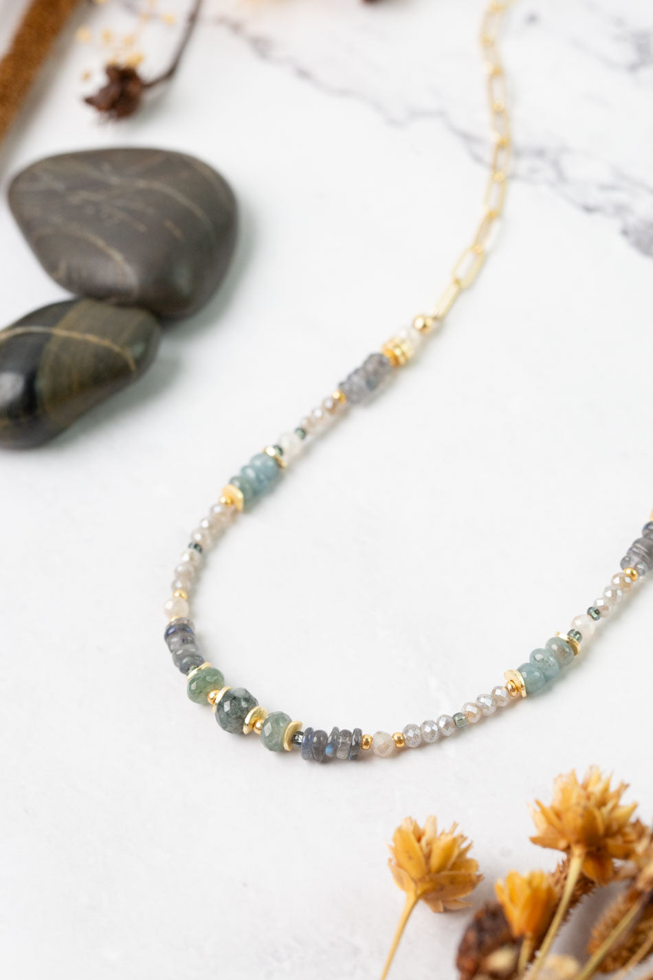 Equinox 15-17" Aquamarine, Labradorite, Moonstone Collage Necklace