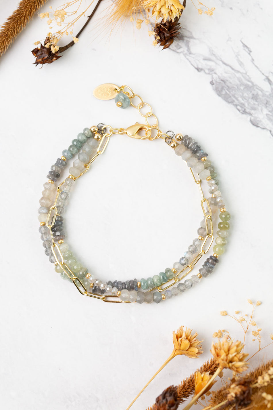 Equinox 7.5-8.5" Aquamarine, Labradorite, Moonstone Multistrand Bracelet