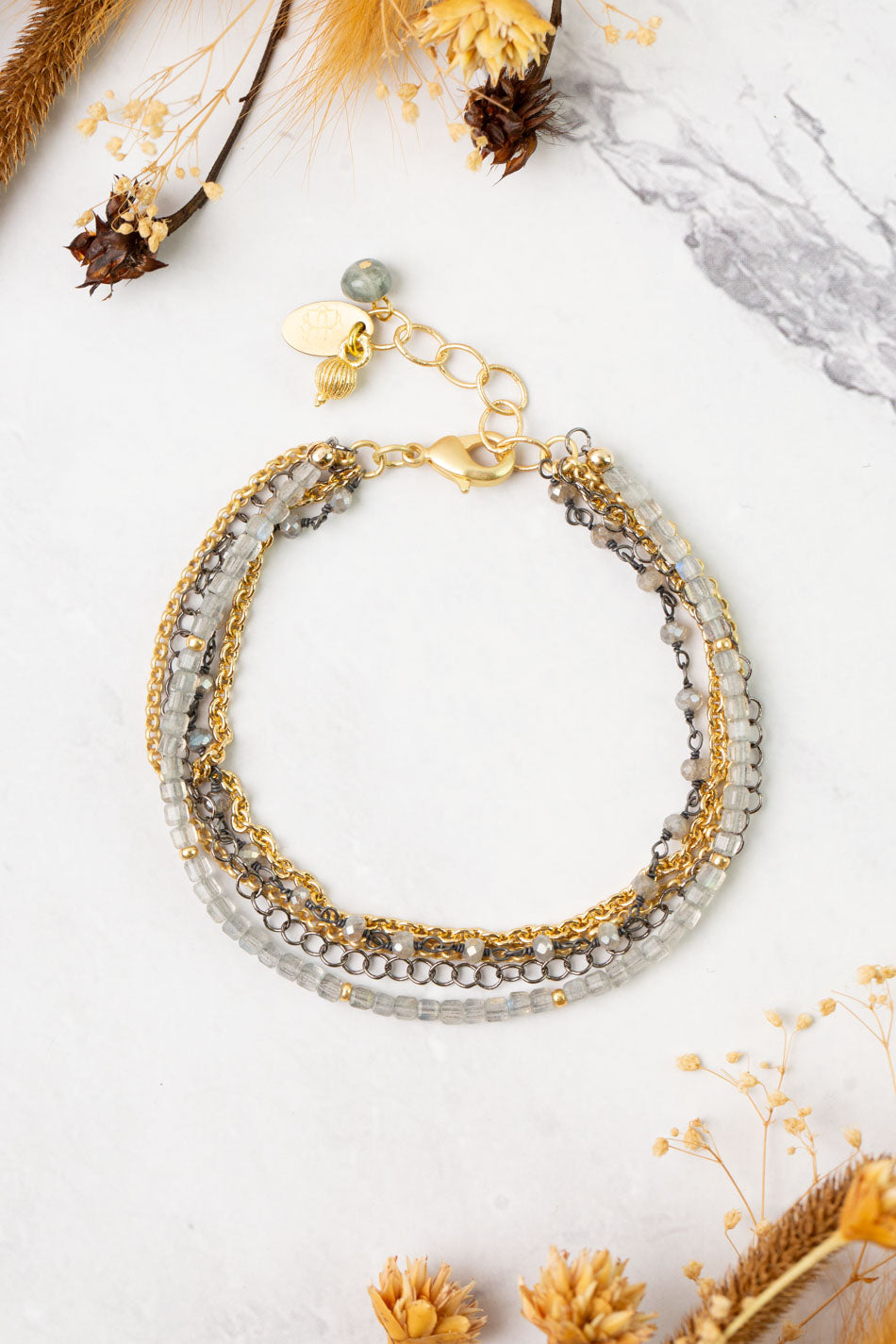 Equinox 7.5-8.5" Moonstone, Labradorite, Aquamarine Multistrand Bracelet