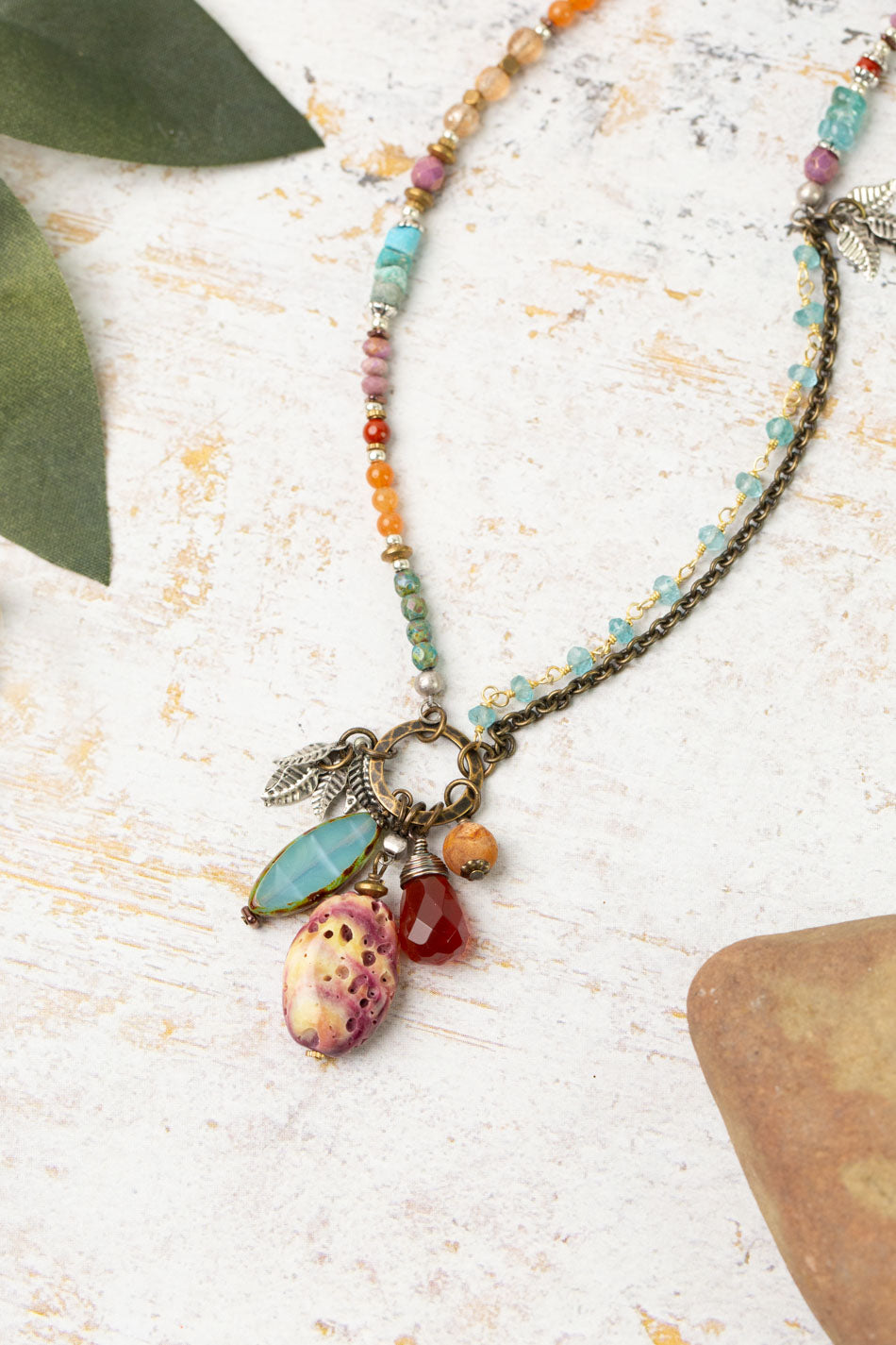 Earthen 16-18" Turquoise, Czech Glass, Spiny Oyster Cluster Necklace