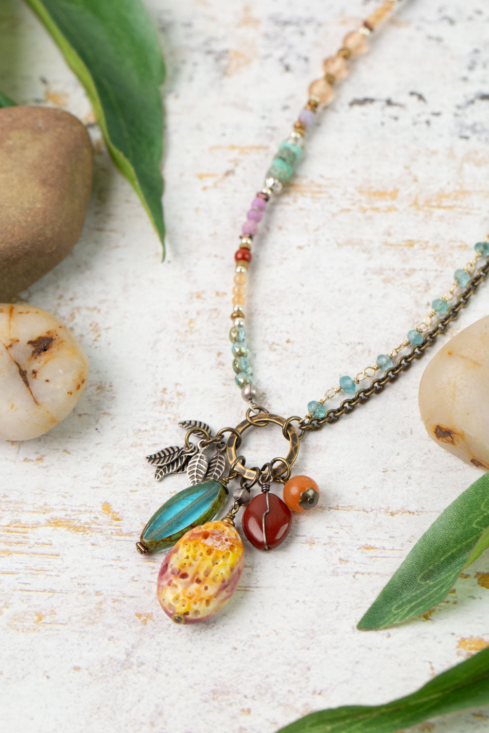 Earthen 16-18" Turquoise, Czech Glass, Spiny Oyster Cluster Necklace
