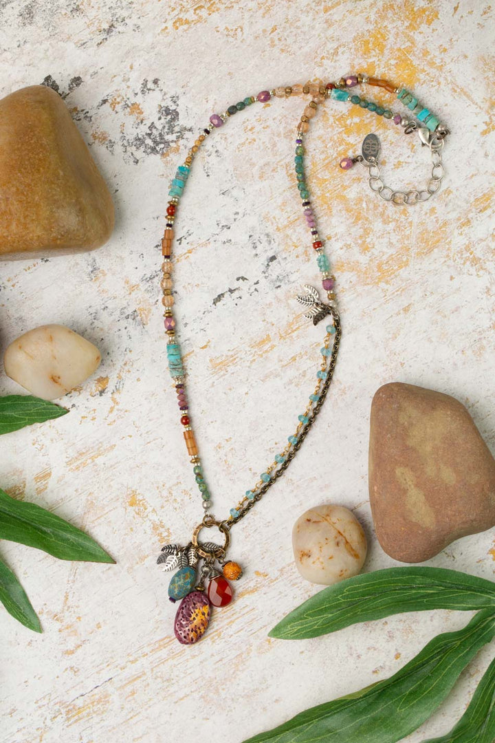 Earthen 16-18" Turquoise, Czech Glass, Spiny Oyster Cluster Necklace