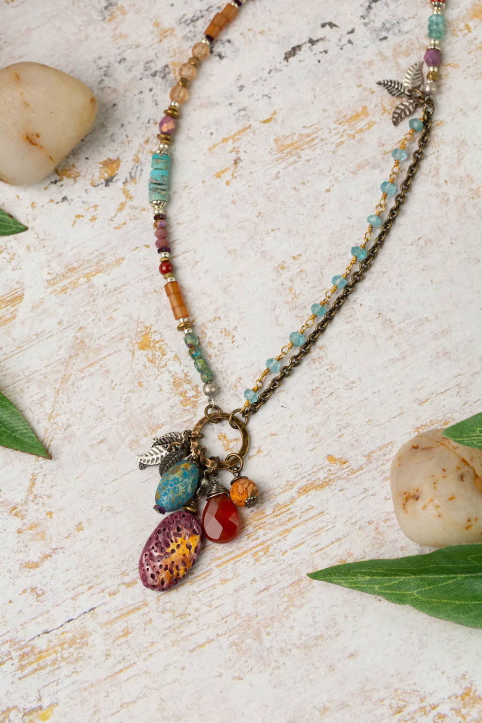 Earthen 16-18" Turquoise, Czech Glass, Spiny Oyster Cluster Necklace