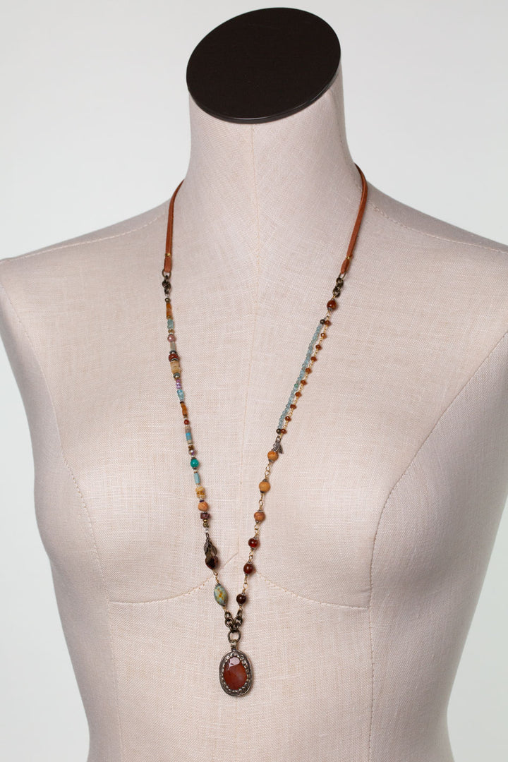 Earthen Carnelian, Czech Glass, Turquoise With Agate Pendant Collage Necklace