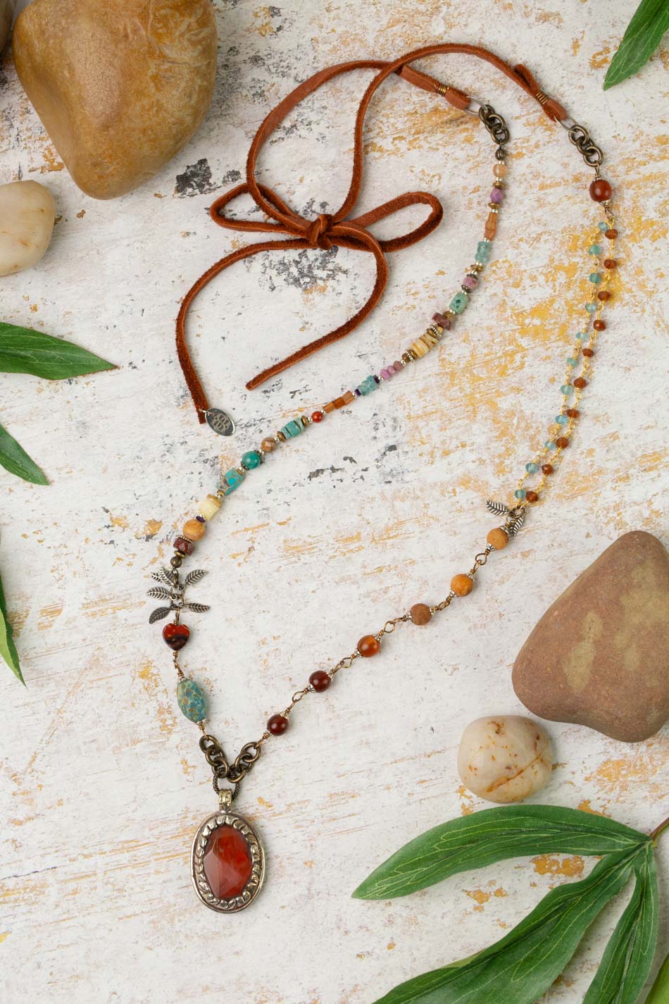 Earthen Carnelian, Czech Glass, Turquoise With Agate Pendant Collage Necklace