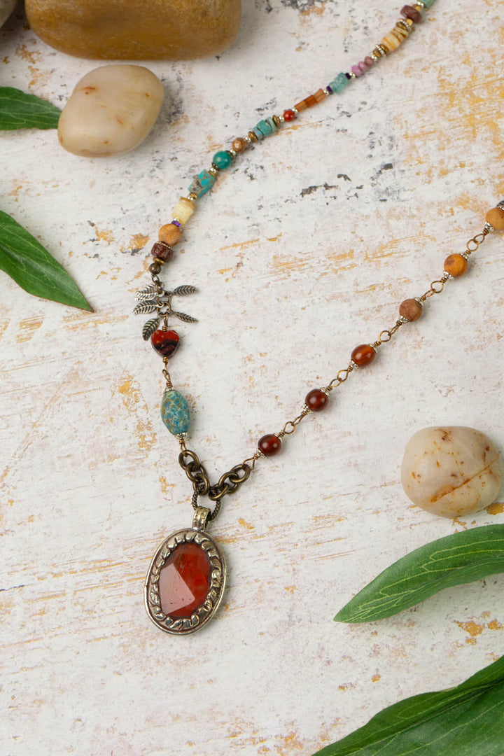Earthen Carnelian, Czech Glass, Turquoise With Agate Pendant Collage Necklace
