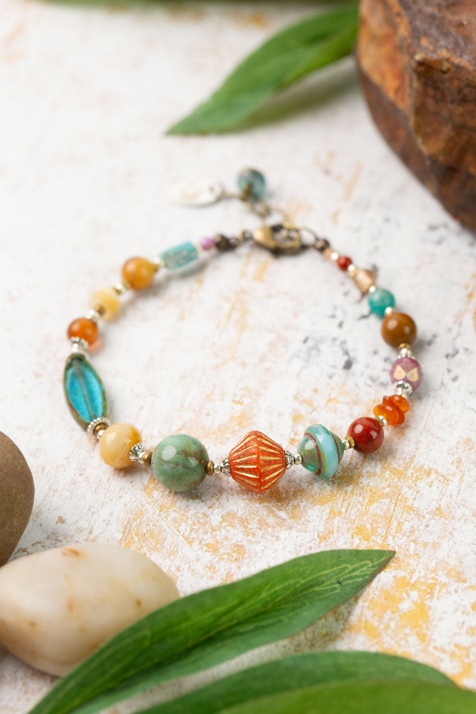 Earthen 7.5-8.5" Jasper, Czech Glass, Turquoise Simple Bracelet