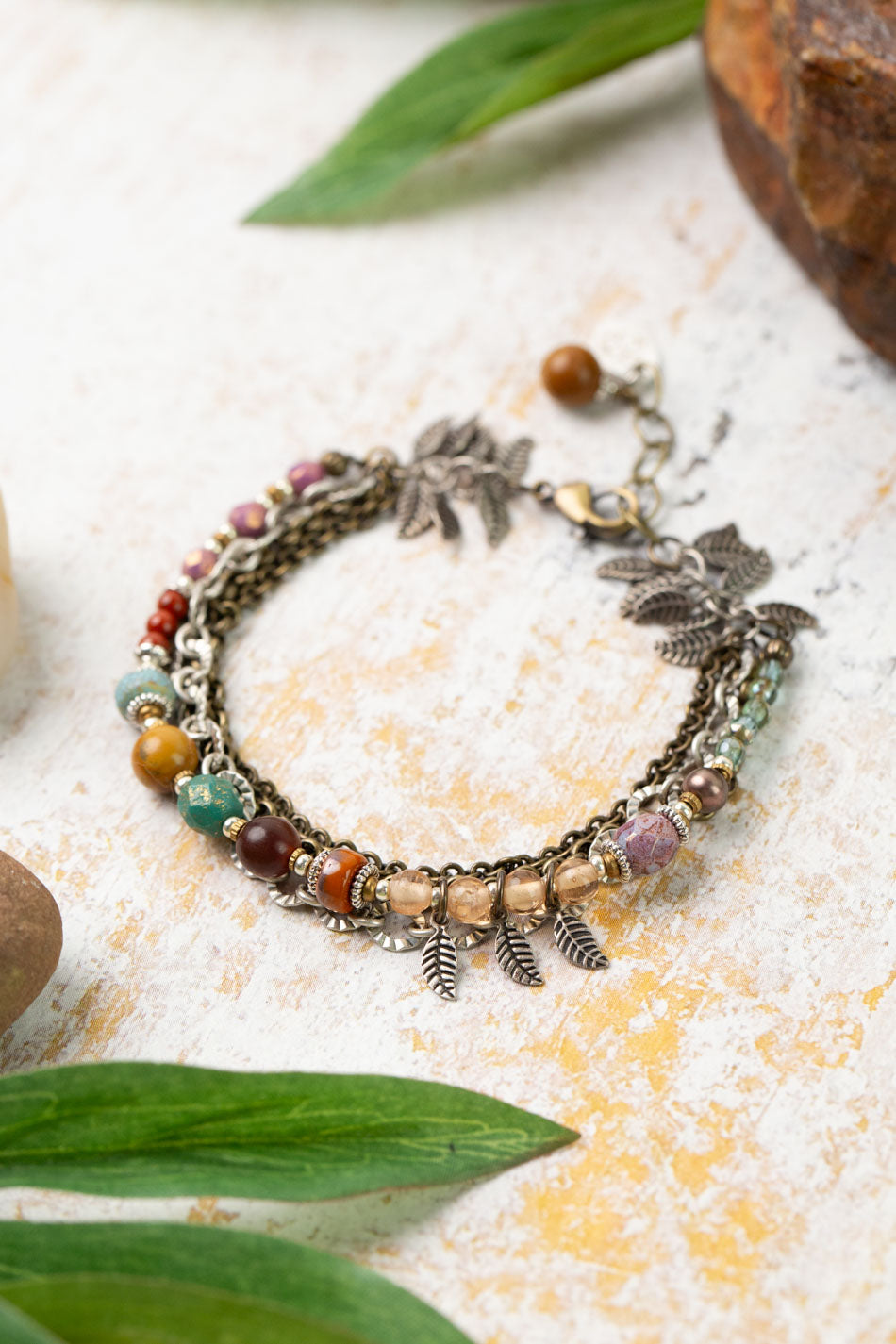 Earthen 7.5-8.5" Jasper, Czech Glass Multistrand Bracelet