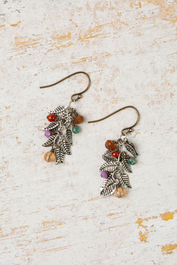 Earthen Czech Glass, Antique Silver Leaves Dangle Earrings