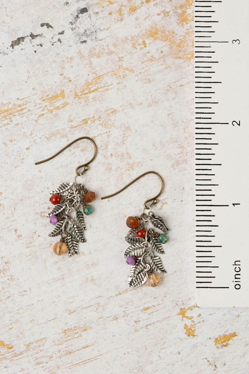 Earthen Czech Glass, Antique Silver Leaves Dangle Earrings