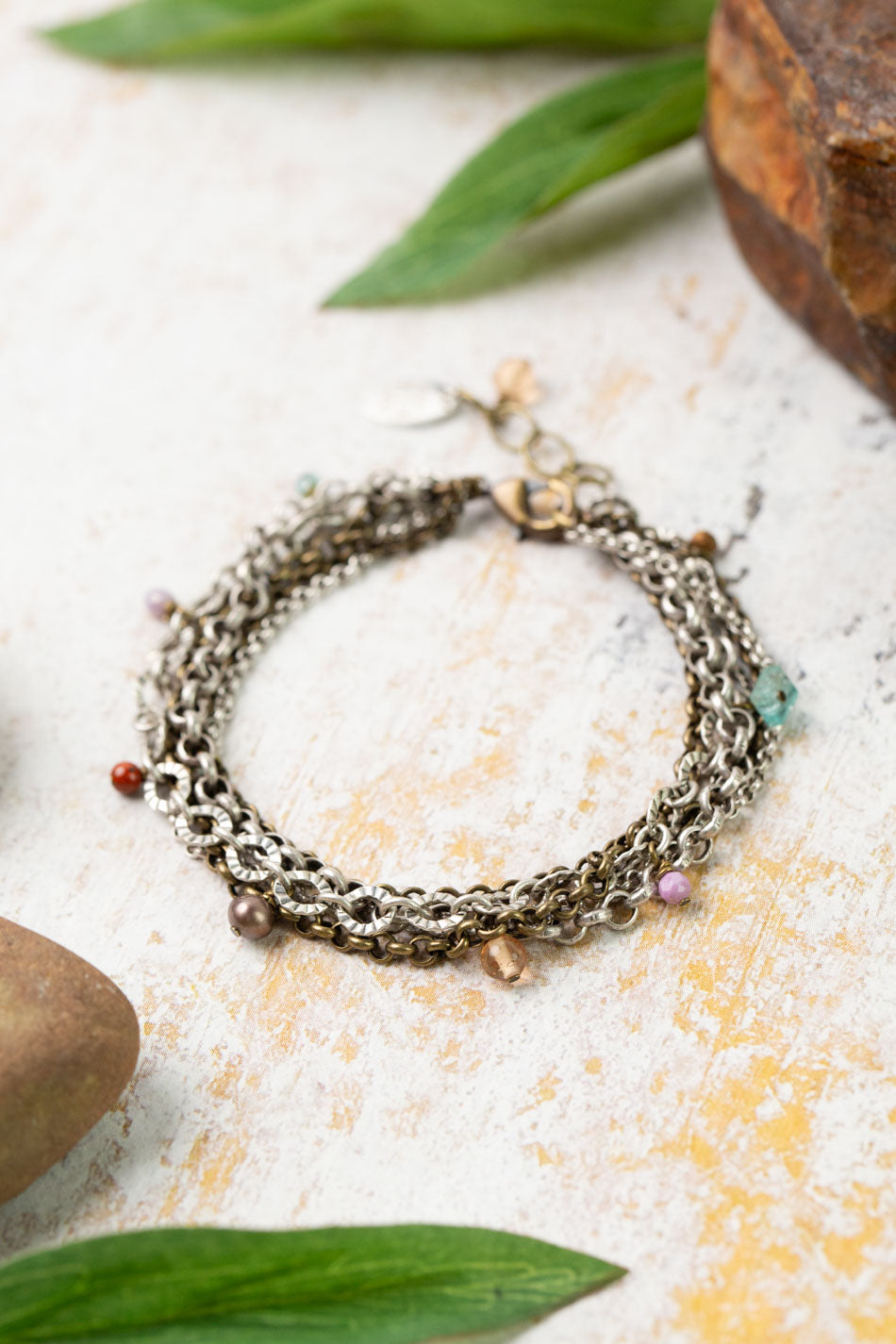 Earthen 7.5-8.5" Pearl, Czech Glass, Crystal Multistrand Bracelet