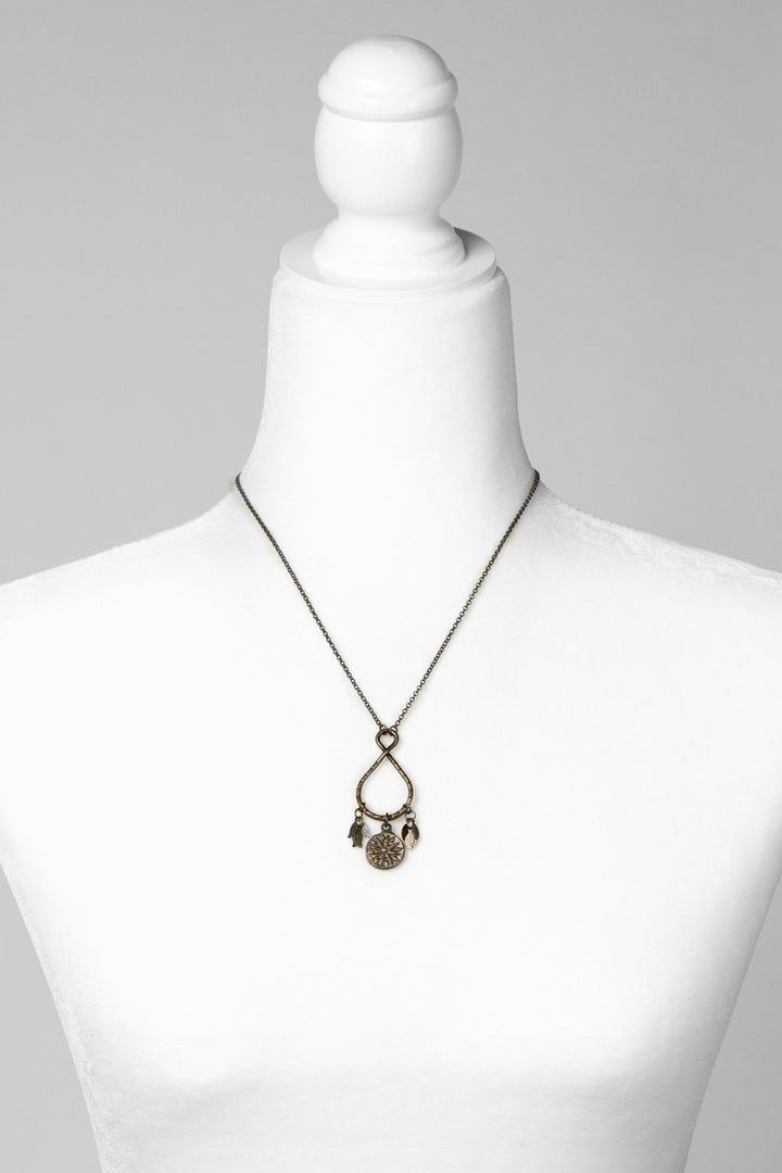 Espresso 16.5-18.5" Organic Hammered Ring With Mandala Charm And Antique Brass Leaves Cluster Necklace