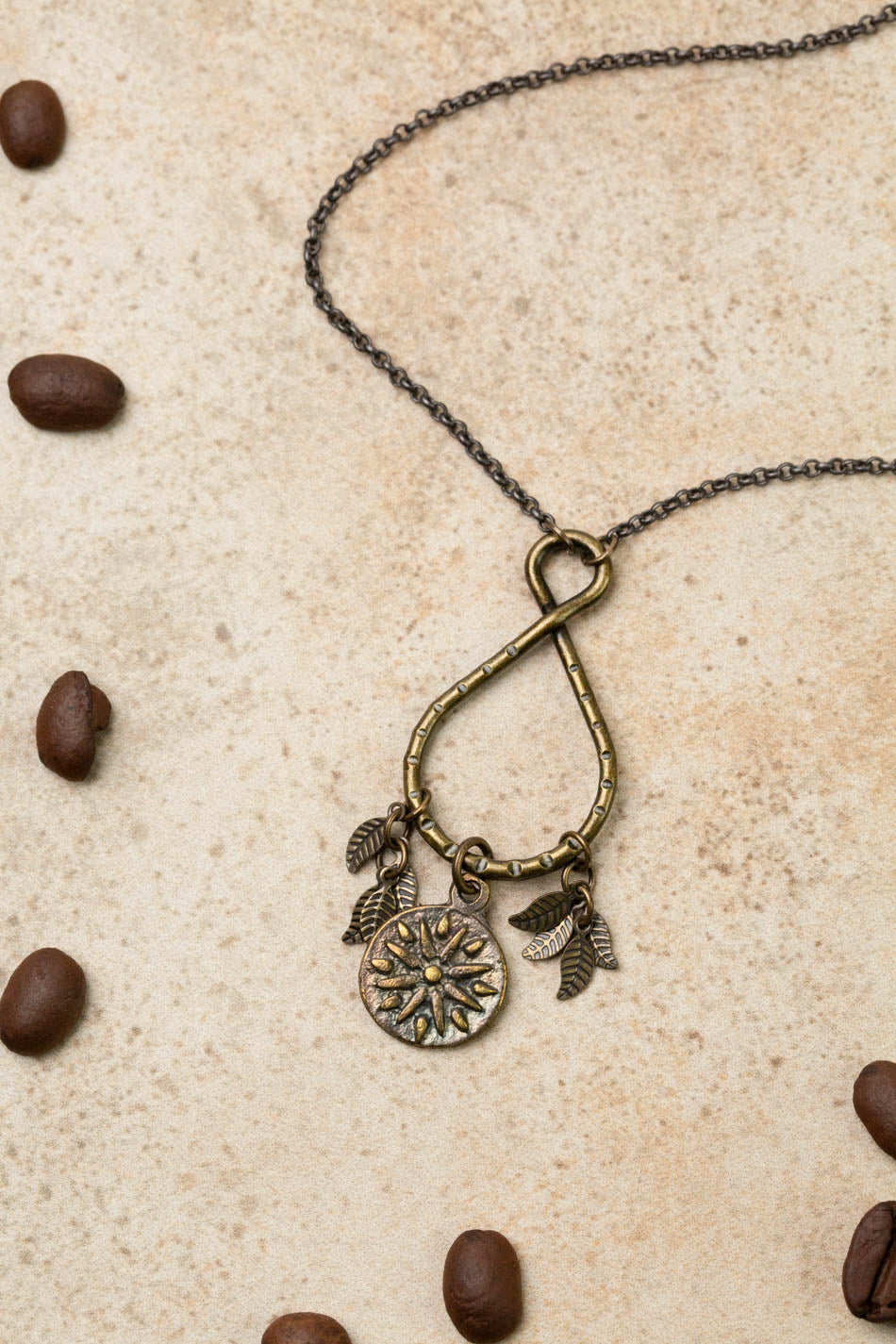 Espresso 16.5-18.5" Organic Hammered Ring With Mandala Charm And Antique Brass Leaves Cluster Necklace