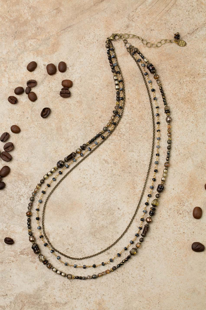 Espresso 20.5-22.5" Smokey Quartz, Czech Glass, Freshwater Pearl Multistrand Necklace