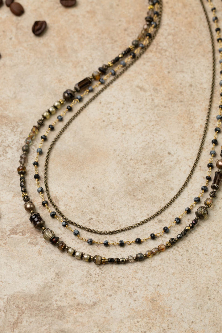 Espresso 20.5-22.5" Smokey Quartz, Czech Glass, Freshwater Pearl Multistrand Necklace