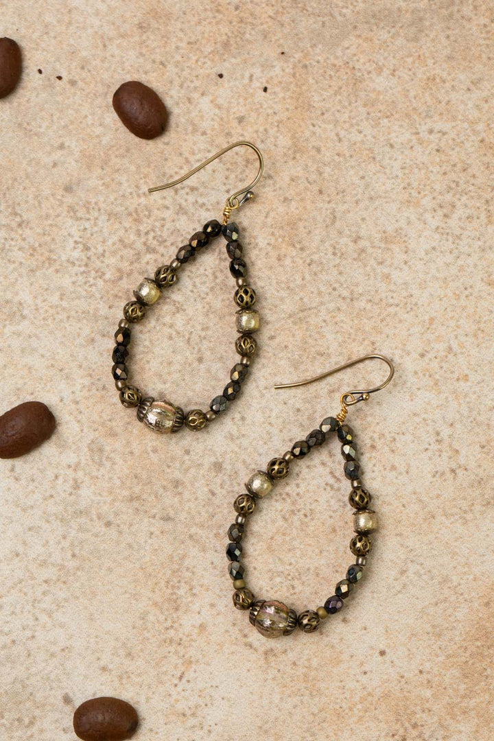 Espresso Czech Glass And Antique Brass Hoops Hoop Earrings