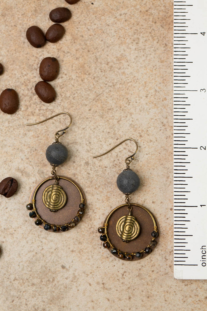 Espresso Blue Tigers Eye, Antique Brass Coin And Spiral Statement Earrings