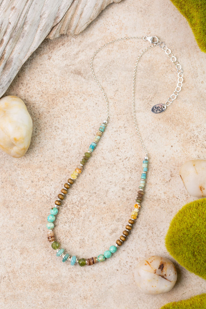 Earthy Girl 15-17" Gossular Garnet, Turquoise, Wood Collage Necklace