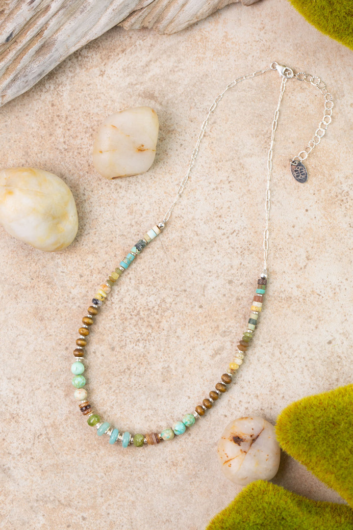 Earthy Girl 15-17" Gossular Garnet, Turquoise, Wood Collage Necklace
