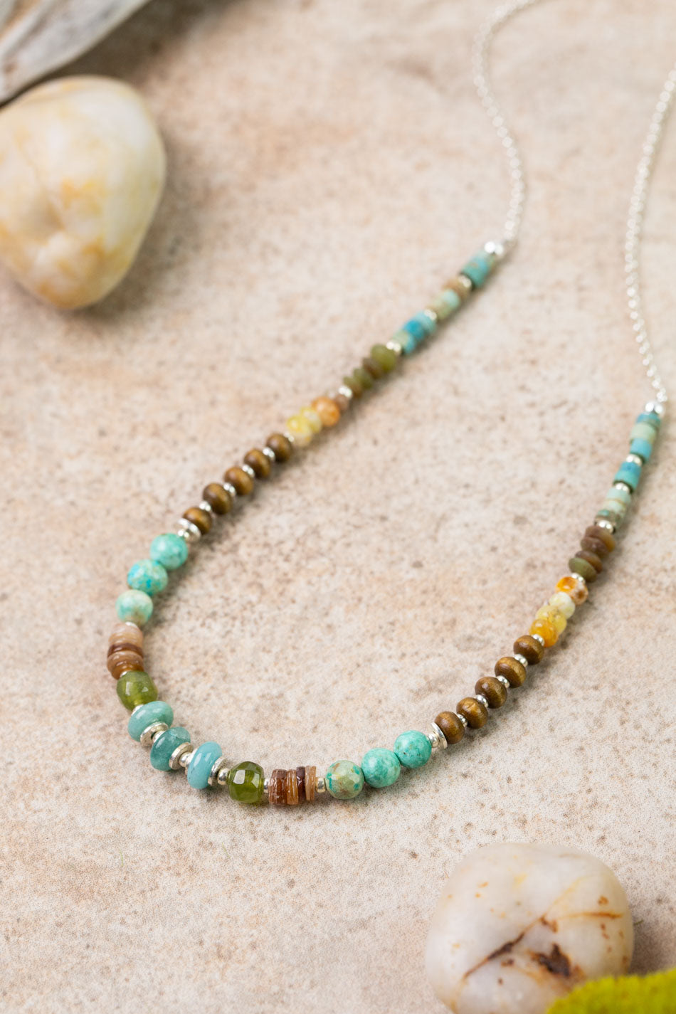 Earthy Girl 15-17" Gossular Garnet, Turquoise, Wood Collage Necklace