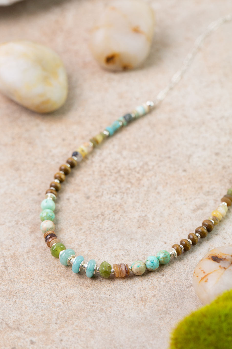 Earthy Girl 15-17" Gossular Garnet, Turquoise, Wood Collage Necklace