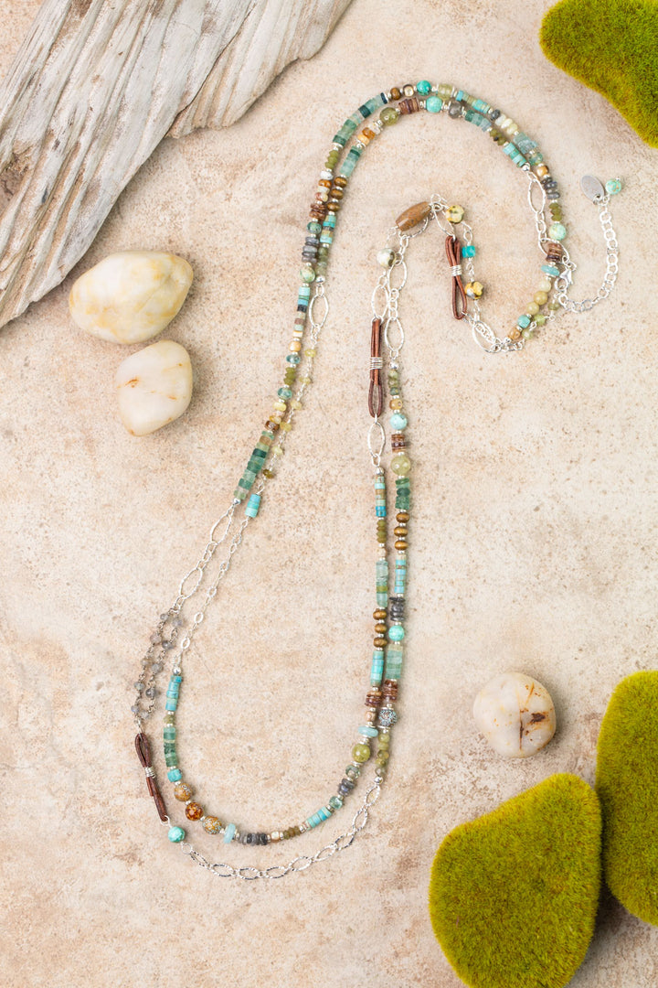 Earthy Girl 56-58" Labradorite, Turquoise, Roman Glass Collage Necklace