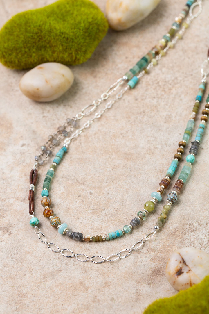 Earthy Girl 56-58" Labradorite, Turquoise, Roman Glass Collage Necklace