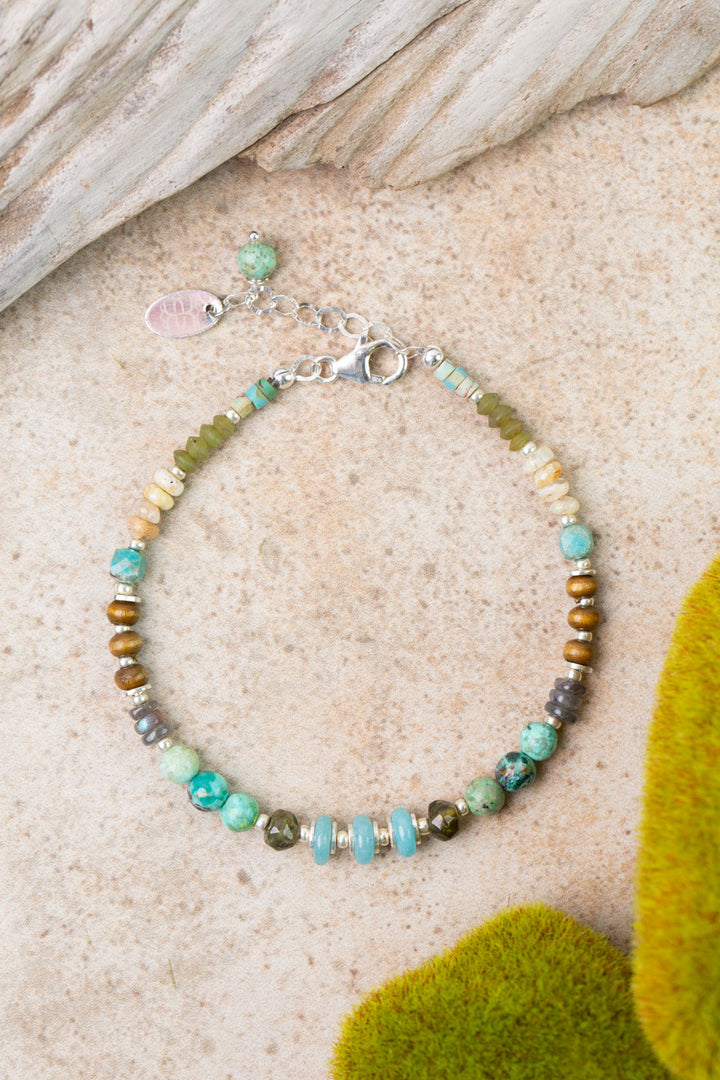 Earthy Girl 7.5-8.5" Labradorite, Turquoise, Wood Collage Bracelet