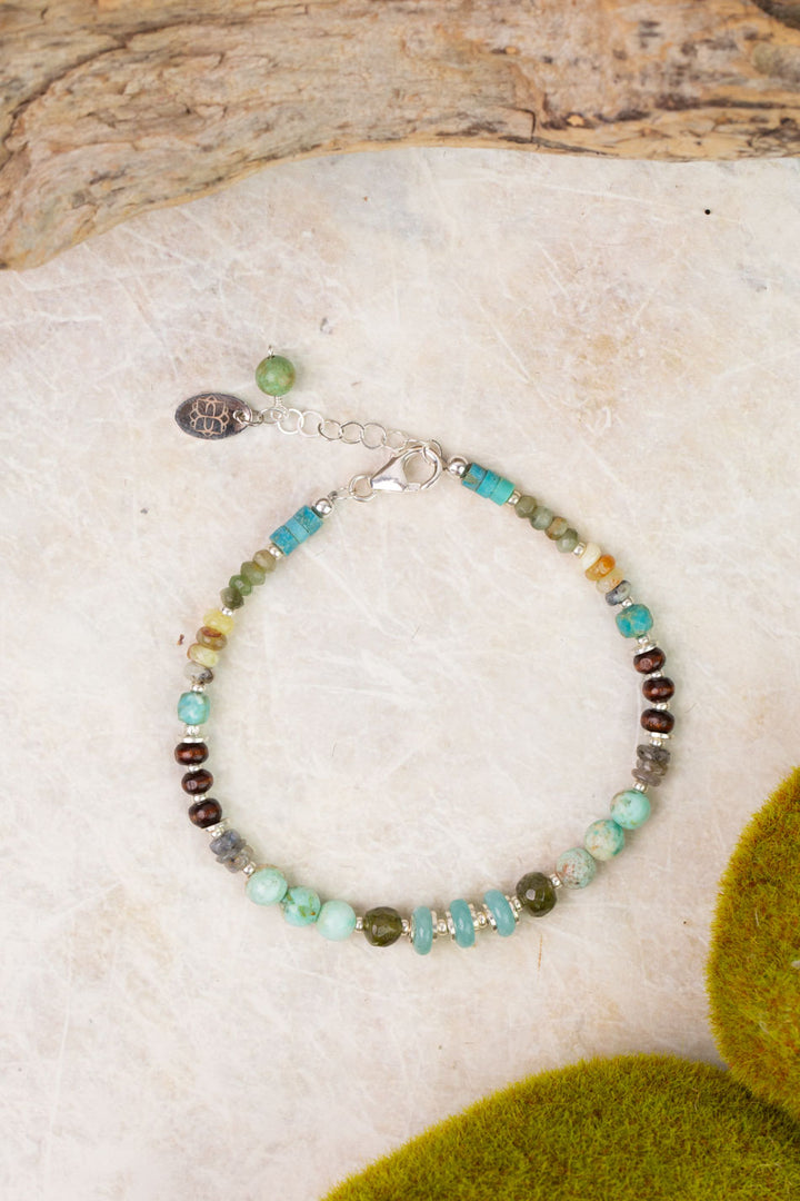 Earthy Girl 7.5-8.5" Labradorite, Turquoise, Wood Collage Bracelet
