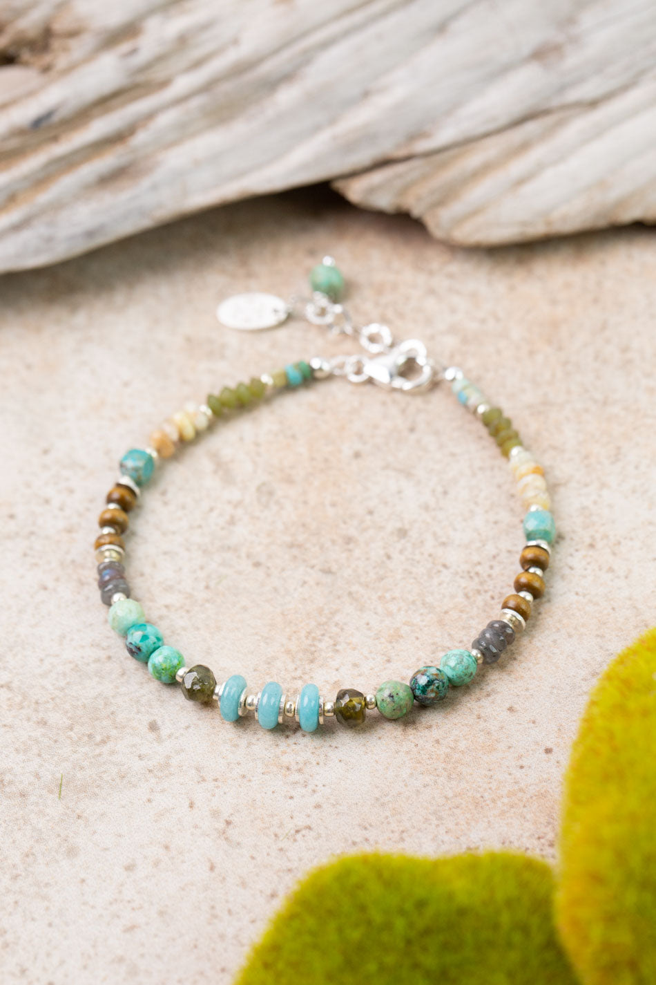 Earthy Girl 7.5-8.5" Labradorite, Turquoise, Wood Collage Bracelet