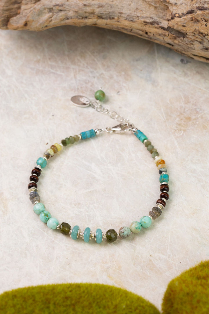Earthy Girl 7.5-8.5" Labradorite, Turquoise, Wood Collage Bracelet