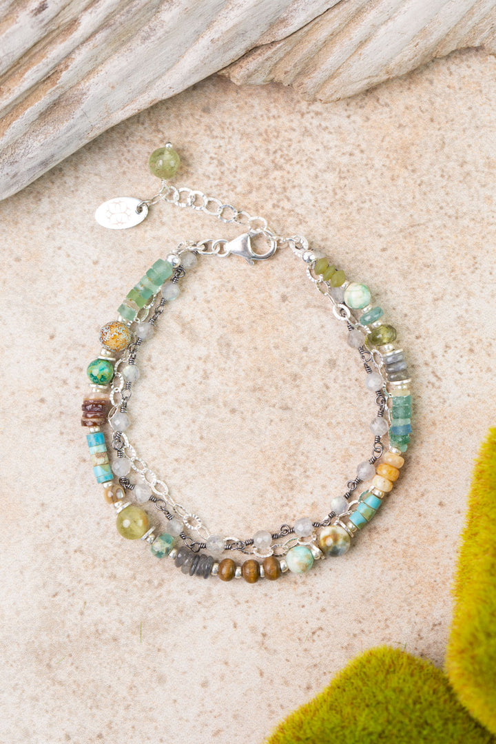 Earthy Girl 7.5-8.5" Labradorite, Turquoise, Roman Glass Multistrand Bracelet