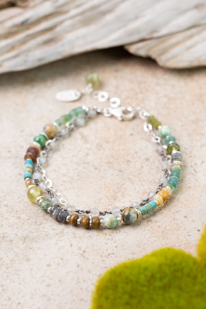 Earthy Girl 7.5-8.5" Labradorite, Turquoise, Roman Glass Multistrand Bracelet
