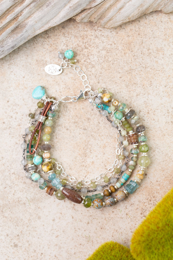 Earthy Girl 7.5-8.5" Labradorite, Turquoise, Roman Glass Multistrand Bracelet