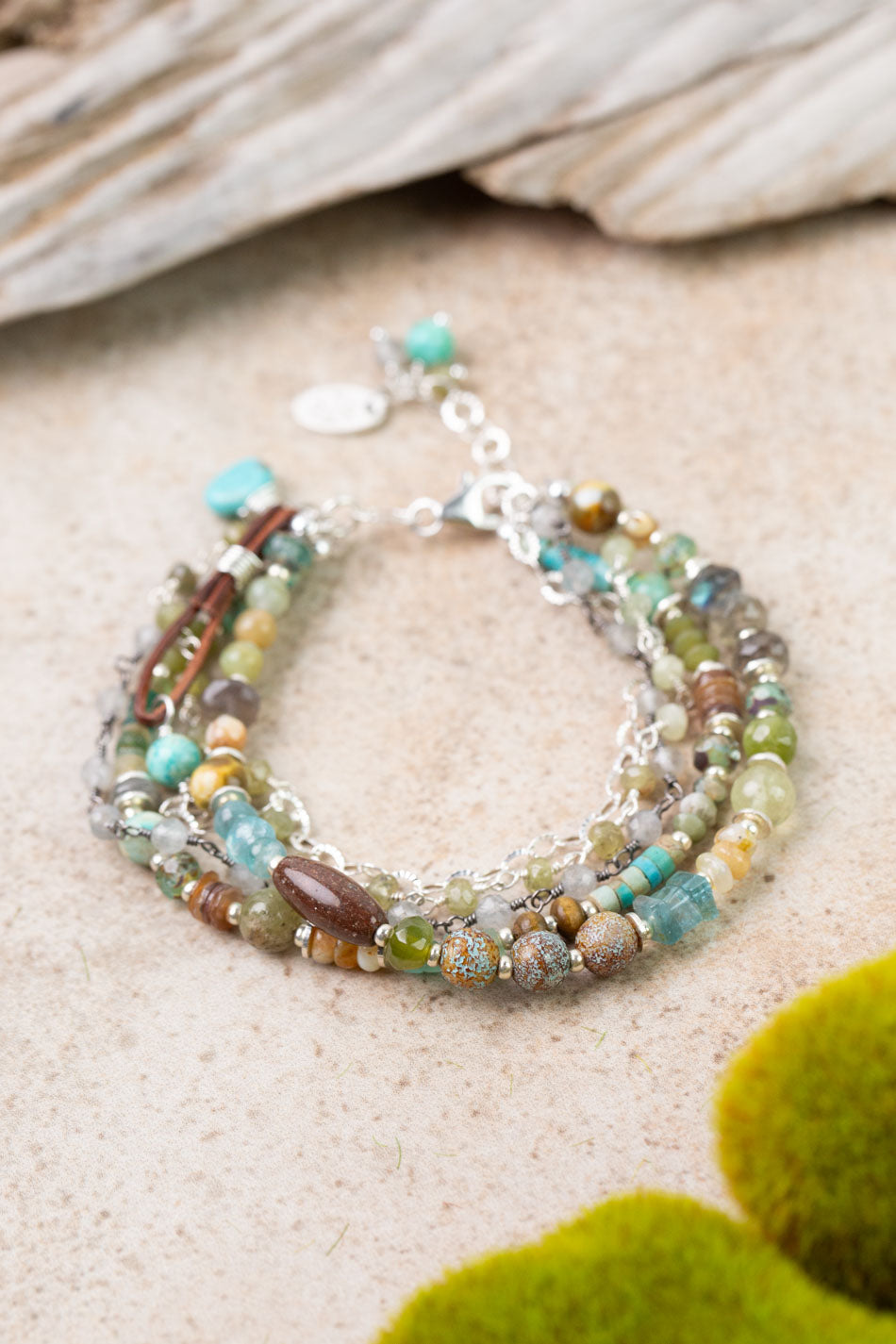 Earthy Girl 7.5-8.5" Labradorite, Turquoise, Roman Glass Multistrand Bracelet