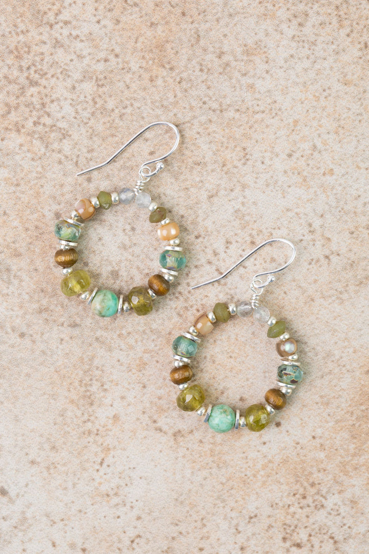 Earthy Girl Gossular Garnet, Turquoise, Wood Hoop Earrings